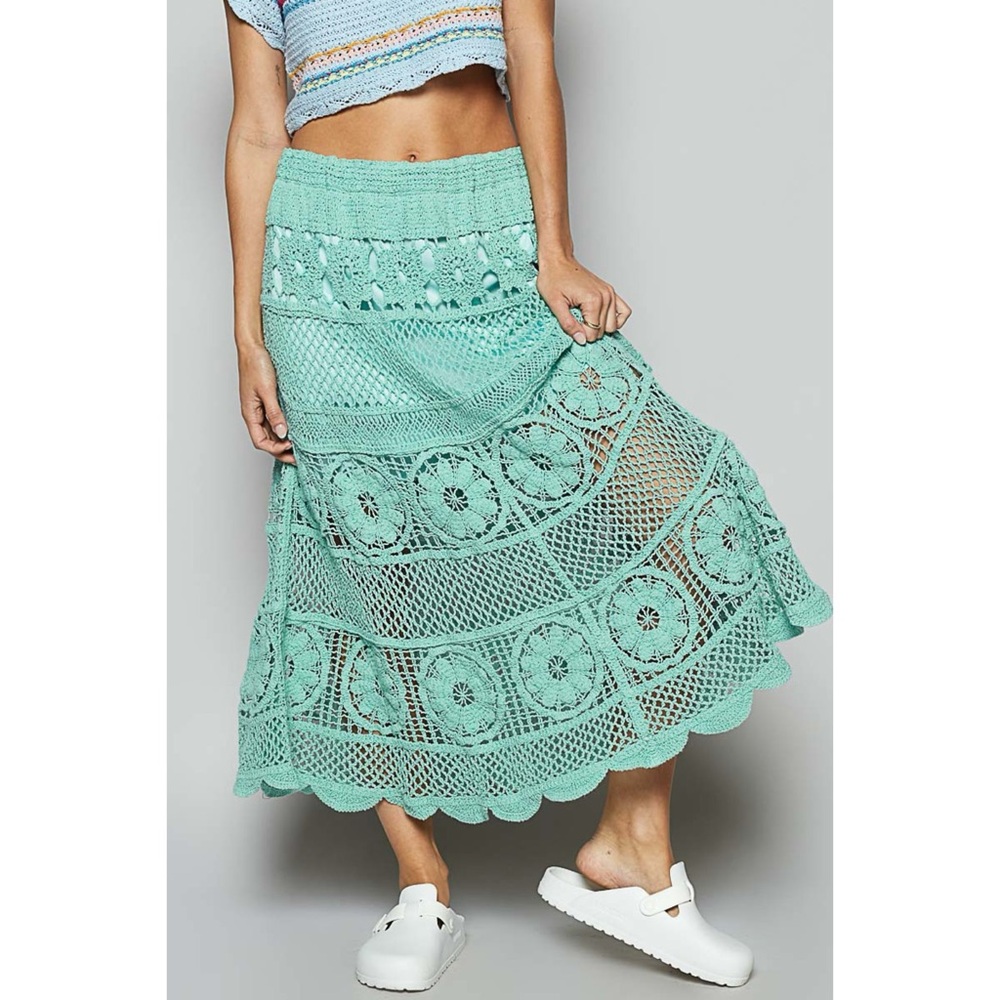 POL Teal Crochet Midi Skirt | Elastic Waist Pull On Flowy - Picture 6 of 9